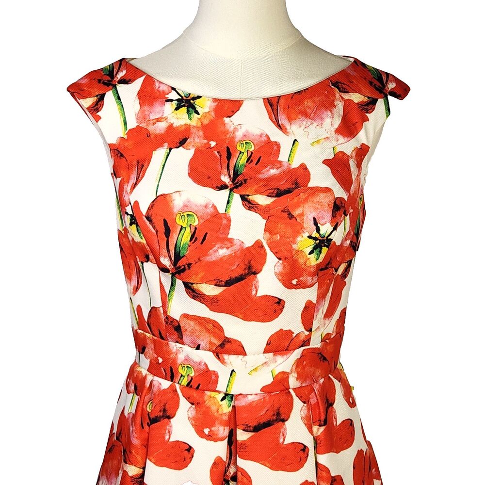 Rue de la Paix Boutique Poppy Floral Pleated A-Line Midi Dress Women's 8 Retro - Picture 2 of 11